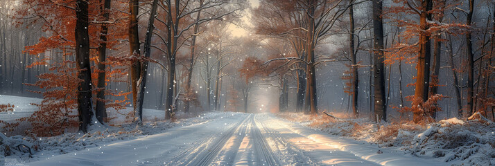 A picturesque snow-covered road lined with frosty trees under a clear sky, capturing the serene beauty of a winter landscape