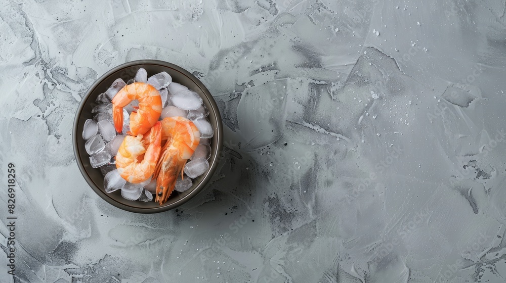 Poster shrimp in a bowl next to ice on a gray background seen from above with space for text