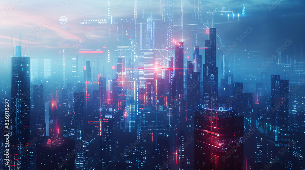 Poster a digital transformation conceptual image featuring a futuristic cityscape with holographic data ove