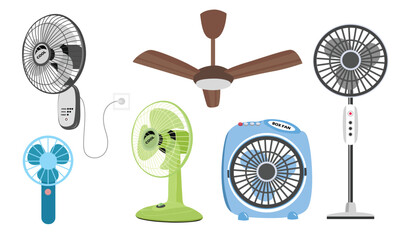 Electric fan vector set. Household appliance. Flat vector in cartoon style isolated on white background.