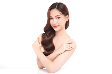 Fototapeta premium Beautiful young asian woman with clean fresh skin on white background, Face care, Facial treatment, Cosmetology, beauty and spa, Asian women portrait.