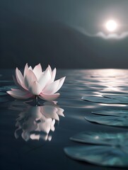 Lotus Blossom Floating in Serene Moonlit Pond Digital 3D Rendering