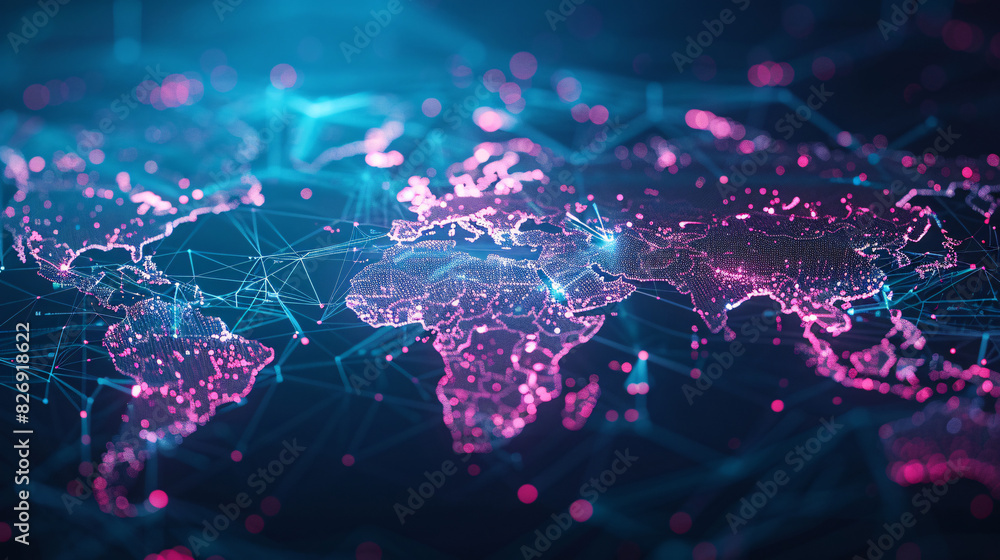Poster a conceptual image of a networked world map with interconnected data points and digital elements, il