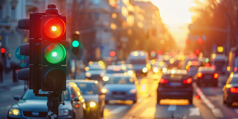 Urban traffic light with red and green signals against a cityscape background during sunset...