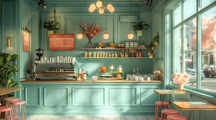 cozy caf?(C) with interior decor in soft fluffy hues of pastel pink and light green