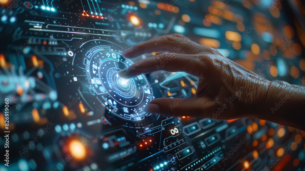Poster a close-up of a hand touching a digital interface with holographic icons, symbolizing digital transf