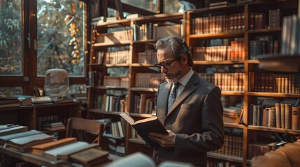 a businessman in a suit reads a book in his home library.