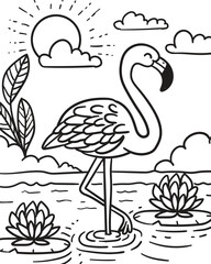 flamingo playing in a water. coloring book
