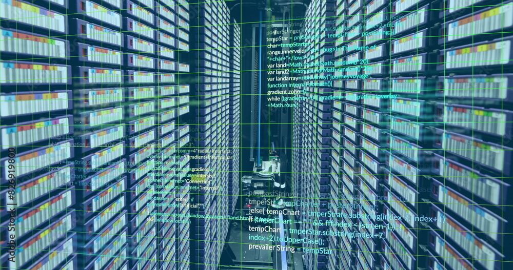 Poster image of computer language and grid over data server racks