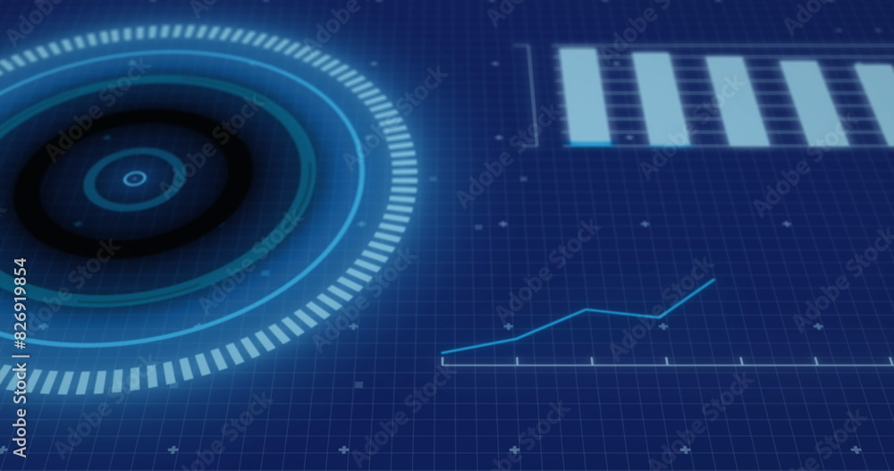 Poster image of circles, symbols and graphs over grid pattern against abstract background