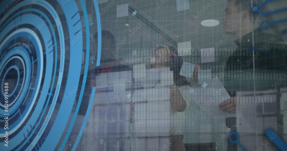 Poster image of loading circles and computer language, diverse coworkers discussing strategy