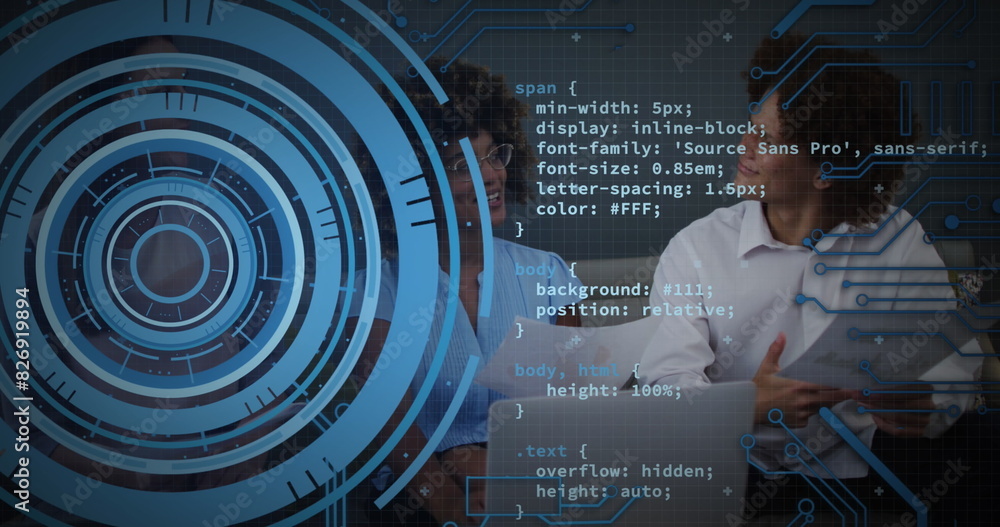 Poster image of loading circles and computer language, diverse coworkers discussing reports