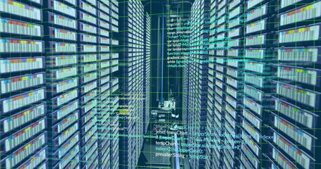 Image of computer language and grid over data server racks