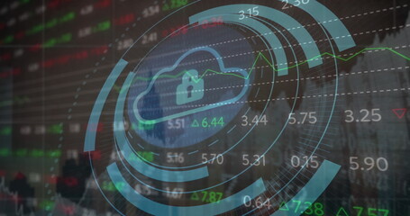 Image of padlock in cloud and circles over graphs and trading board against buildings