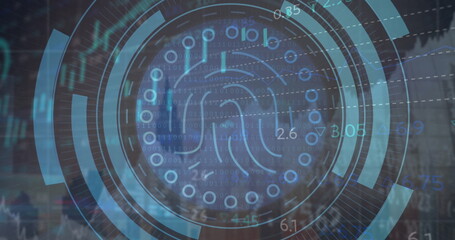 Image of fingerprint in circles, graphs and trading board over modern buildings