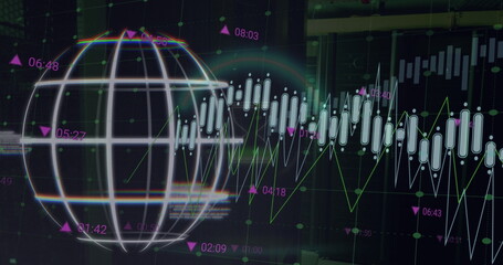 Image of globe, multiple graphs with changing numbers and trading board over data server room