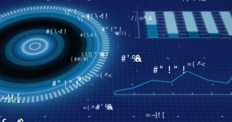 Image of circles, symbols and graphs over grid pattern against abstract background