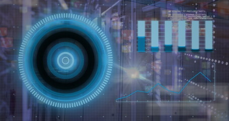 Image of loading circles, graphs and computer language over server room
