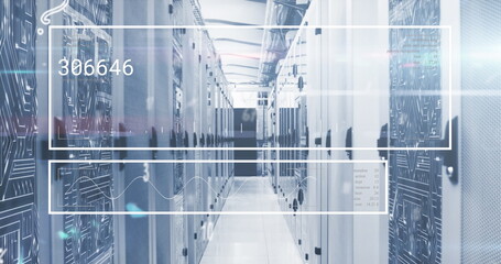 Image of numbers and alphabets floating over interface with data processing against server room