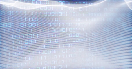 Image of looping binary codes and dynamic wave pattern over abstract background
