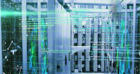 Image of computer language over connected dots and globe over data server systems