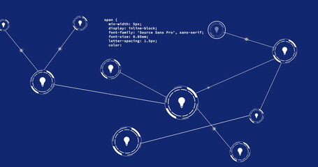 Image of light bulb icons connected with lines and computer language over blue background