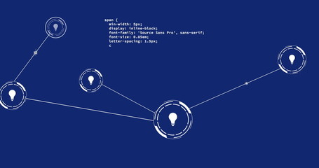 Image of light bulb icons connected with lines and computer language over blue background