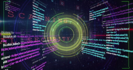 Image of cube in loading circles and computer language over letters, numbers, texts and symbols
