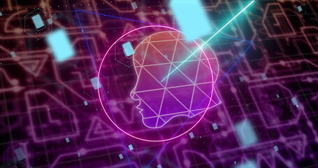 Image of human face in geometric shapes and falling rectangles over abstract background