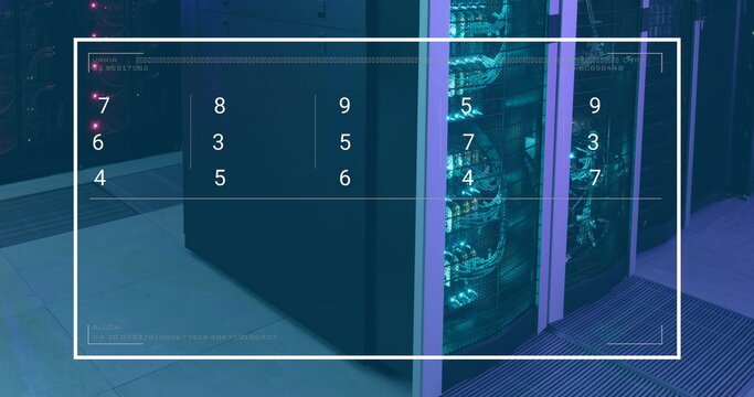 Image of numbers on screen over data server racks - Powered by Adobe