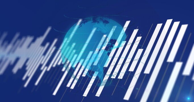 Image of statistical data processing over spinning globe against blue background - Powered by Adobe