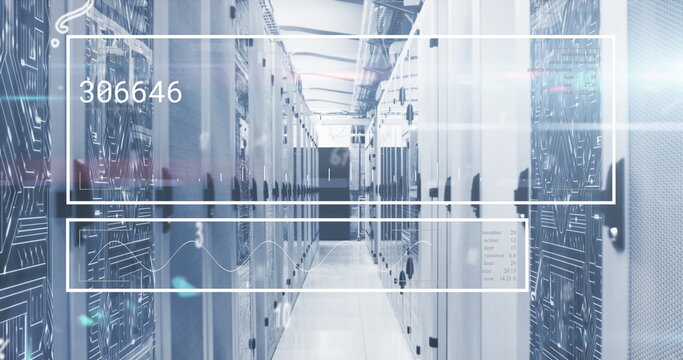 Image of numbers and alphabets floating over interface with data processing against server room - Powered by Adobe
