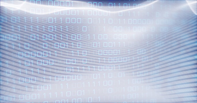 Image of looping binary codes and dynamic wave pattern over abstract background