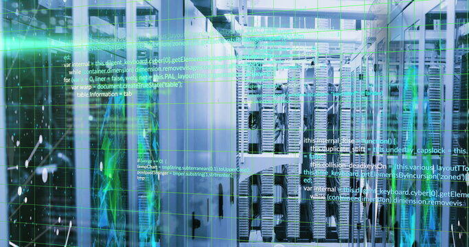 Image of computer language over connected dots and globe over data server systems