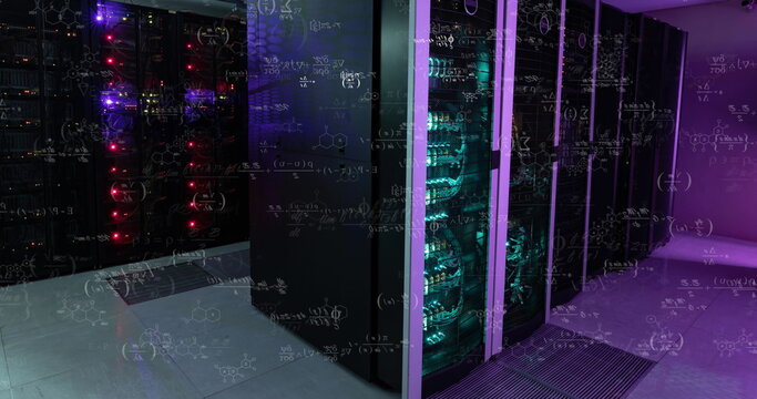 Image of mathematical equations floating against computer server room