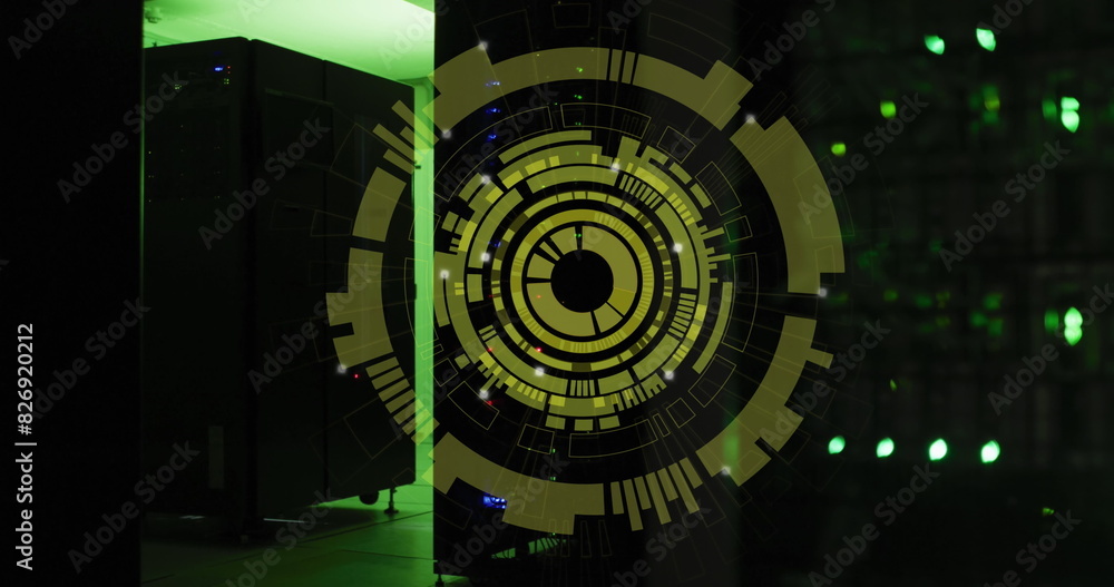 Poster image of multiple round scanners spinning against computer server room