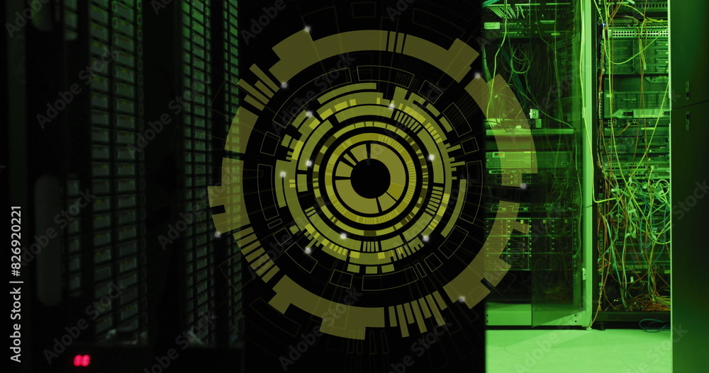 Poster image of multiple round scanners spinning against computer server room