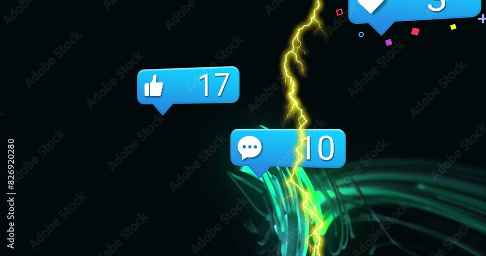 Poster image of notification bars, lightning and abstract pattern over black background