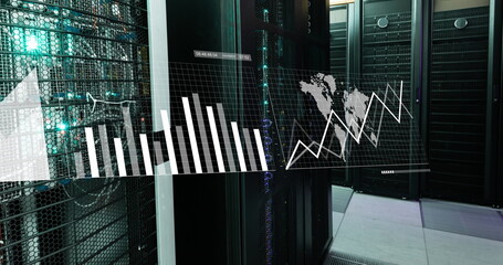 Image of interface with data processing against computer server room