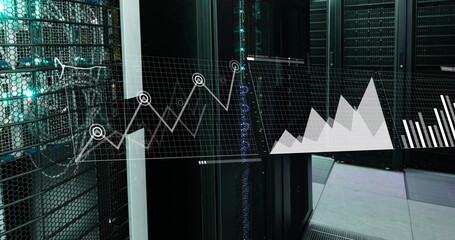 Image of interface with data processing against computer server room