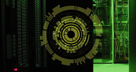 Image of multiple round scanners spinning against computer server room