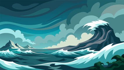 A stormy seascape with crashing waves and tumultuous skies conveying a sense of turmoil and inner conflict.. Vector illustration