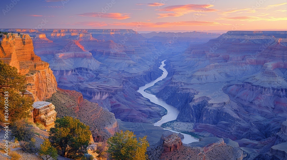 Wall mural scenic view of the grand canyon at sunset with colorado river flowing through majestic rock formatio - Wall murals
