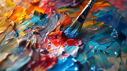 Obraz premium A close-up of a painter's palette with vibrant colors swirling and mixing on their own, seemingly guided by an unseen force. A single brush floats mid-air, ready to capture the fleeting creation.