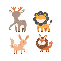 Obraz premium A cartoon image of a lion, elephant, deer, fox, and rabbit