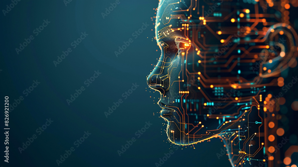 Poster a conceptual image of a human head with integrated circuit board elements, representing digital tran