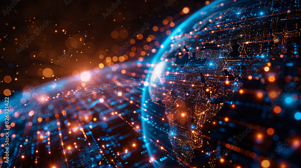Poster a digital globe with networked connections and data streams, symbolizing global digital transformati
