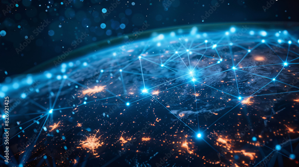 Poster a digital globe with networked connections and data streams, symbolizing global digital transformati