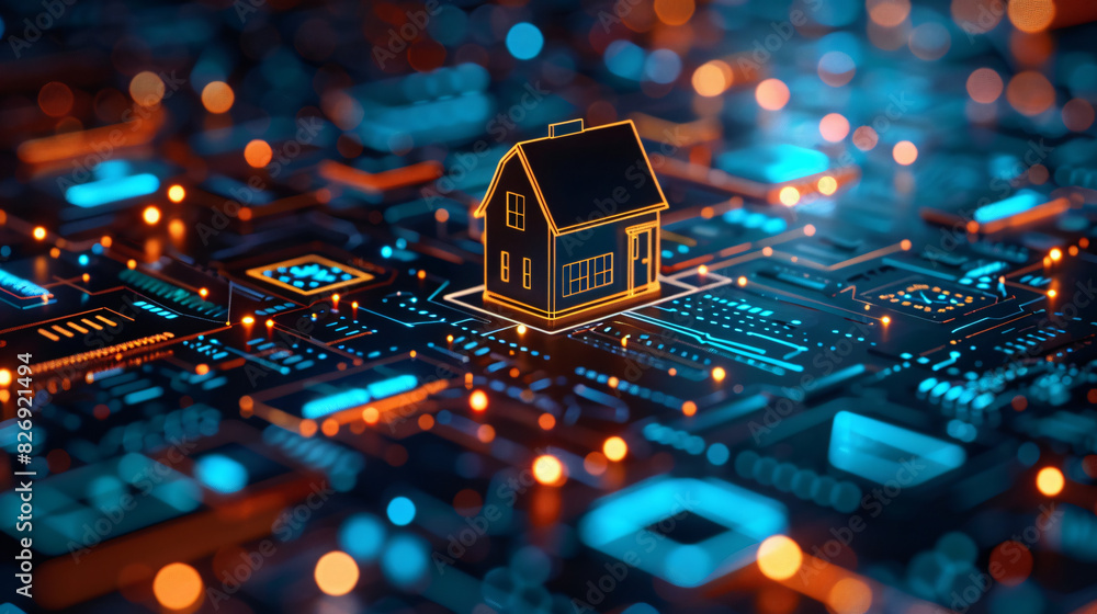 Poster a smart home interface with various connected devices, illustrating digital transformation in daily 