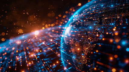 Obraz premium A digital globe with networked connections and data streams, symbolizing global digital transformation, with space for your text.